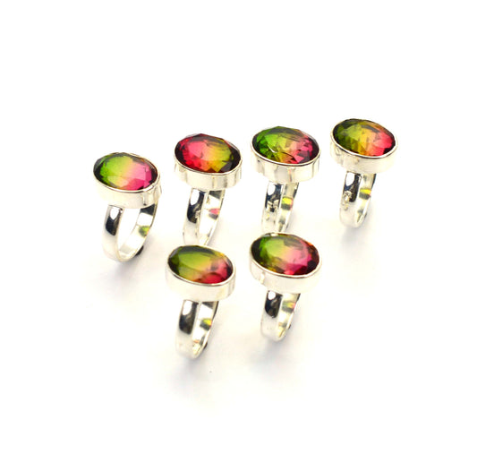 WHOLESALE 6PC 925 SOLID STERLING SILVER CUT WATERMELON QUARTZ RING LOT