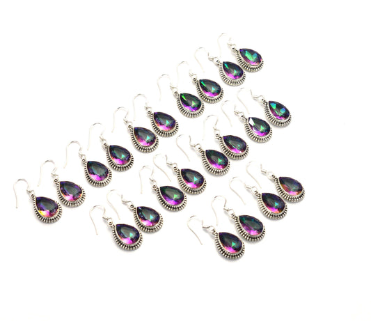WHOLESALE 11PR 925 SOLID STERLING SILVER CUT MYSTIC TOPAZ HOOK EARRING LOT
