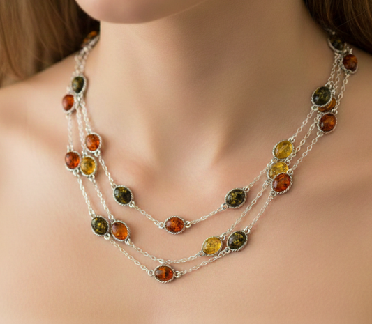 925 Solid Sterling Silver Natural Multi Baltic Amber Necklace - 32 Inches