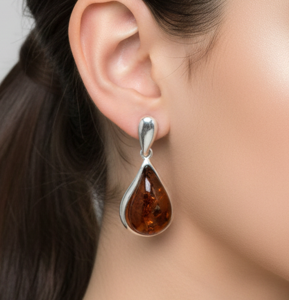 925 Solid Sterling Silver Natural Baltic Amber Stud Earring-0.6 Inches