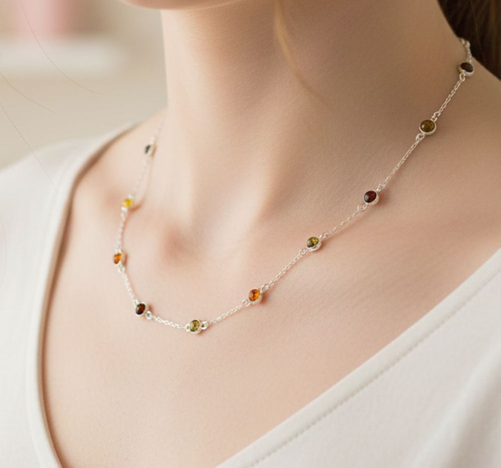 925 Solid Sterling Silver Natural Multi Baltic Amber Necklace - 30 Inches