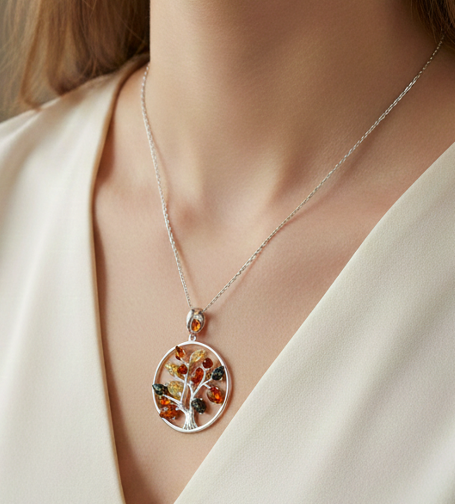 925 Solid Sterling Silver Multi Baltic Amber Tree Of Life Chain Pendant