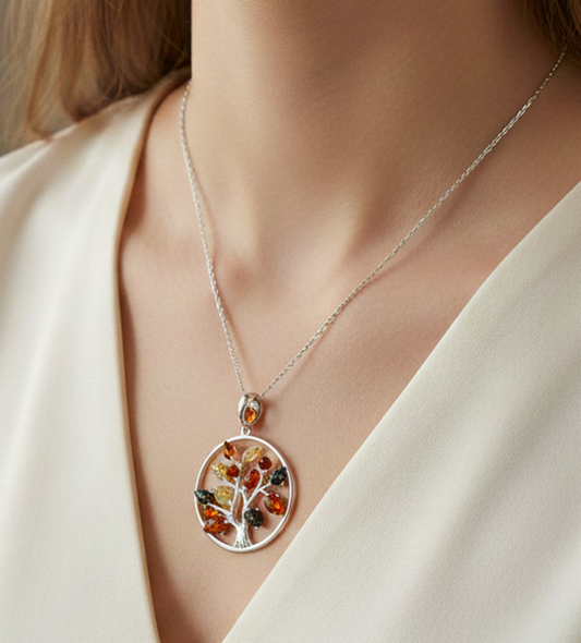 925 Solid Sterling Silver Multi Baltic Amber Tree Of Life Chain Pendant