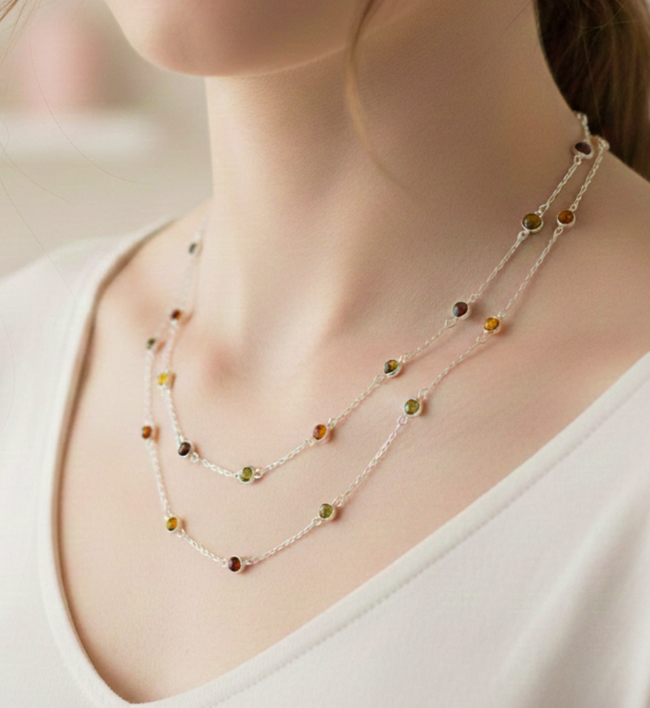 925 Solid Sterling Silver Natural Multi Baltic Amber Necklace - 42 Inches