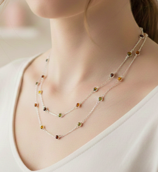 925 Solid Sterling Silver Natural Multi Baltic Amber Necklace - 42 Inches
