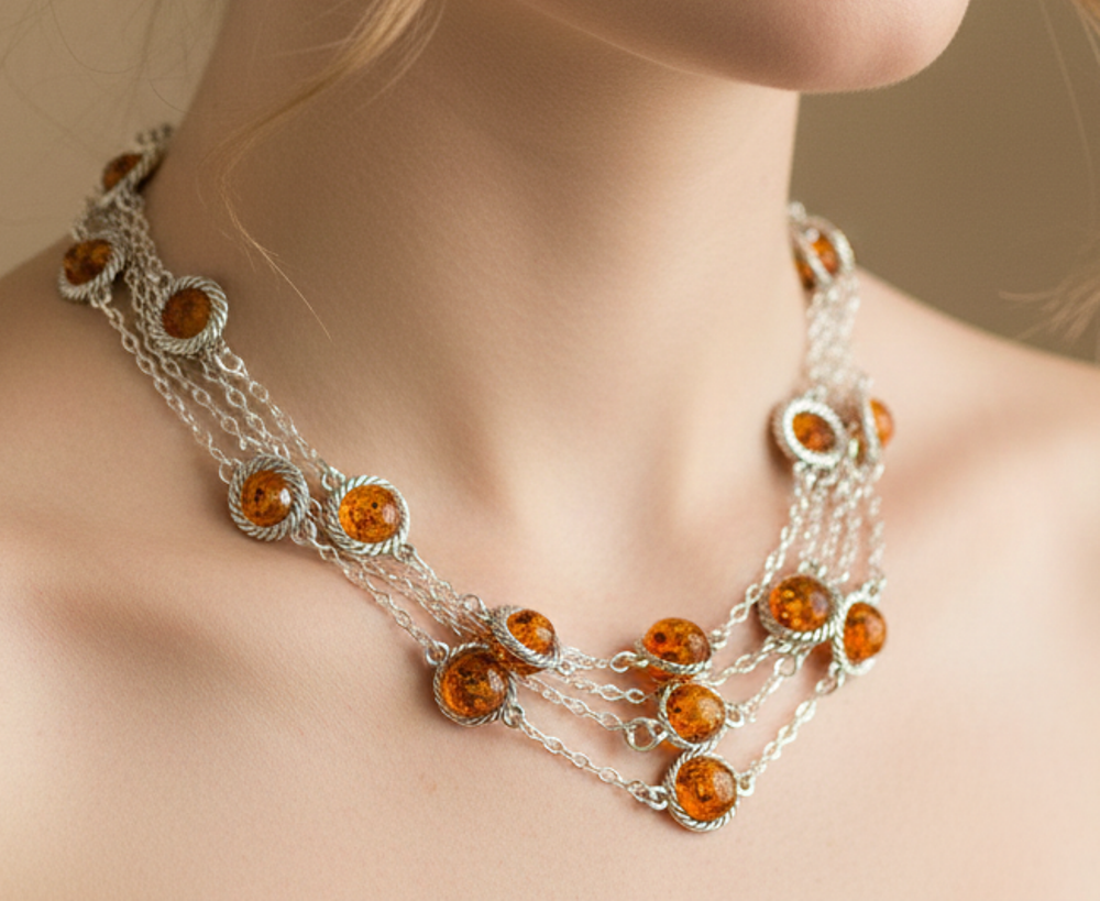925 Solid Sterling Silver Natural Baltic Amber Necklace - 41 Inches