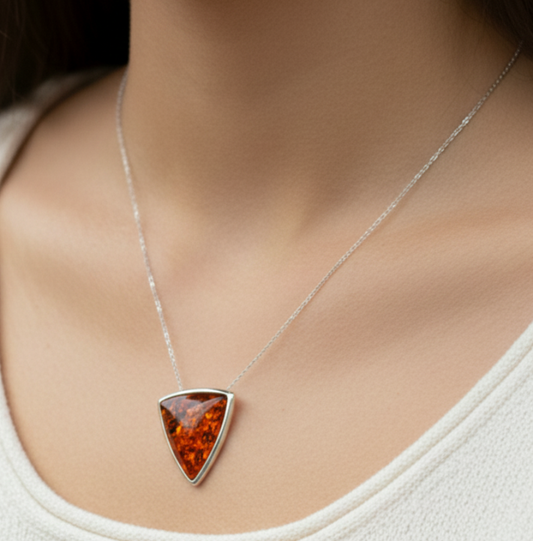 925 Solid Sterling Silver Natural Baltic Amber Chain Pendant-19.3 Inches