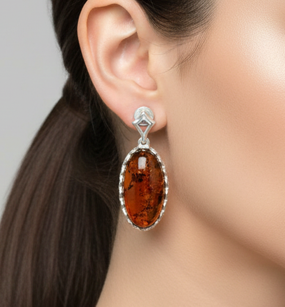 925 Solid Sterling Silver Natural Baltic Amber Stud Earring-1.2 Inches
