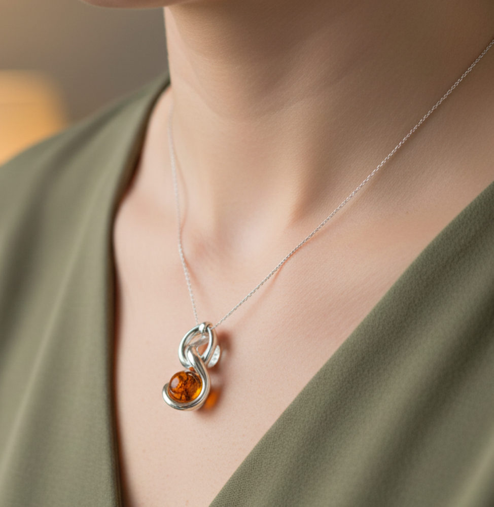 925 Solid Sterling Silver Natural Baltic Amber Chain Pendant- 18.8 Inches