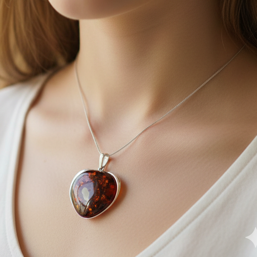 925 Solid Sterling Silver Natural Baltic Amber Heart Chain Pendant 19.6 Inche