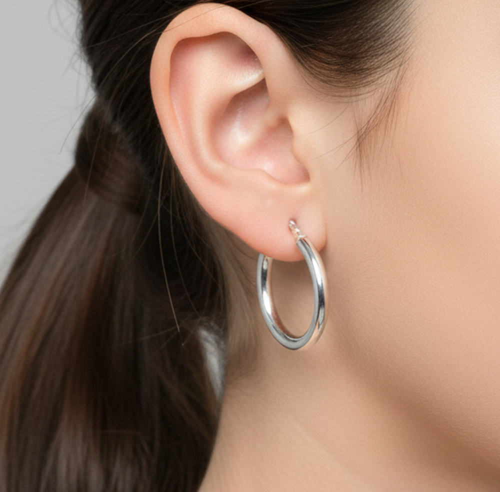 925 Solid Sterling Silver Plain Hoop Earring-0.9 Inch