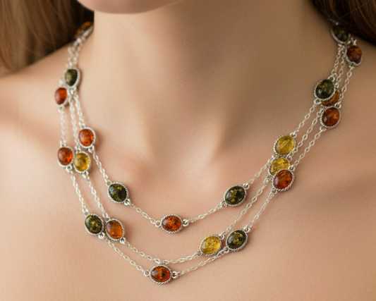925 Solid Sterling Silver Natural Multi Baltic Amber Necklace - 30 Inches