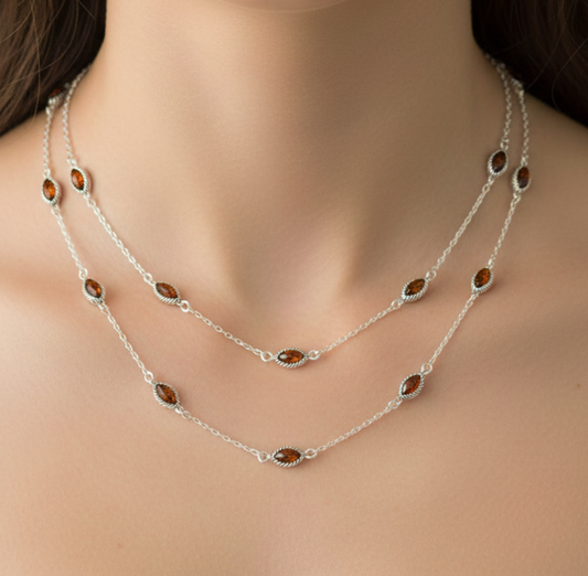925 Solid Sterling Silver Natural Baltic Amber Necklace - 39 Inches