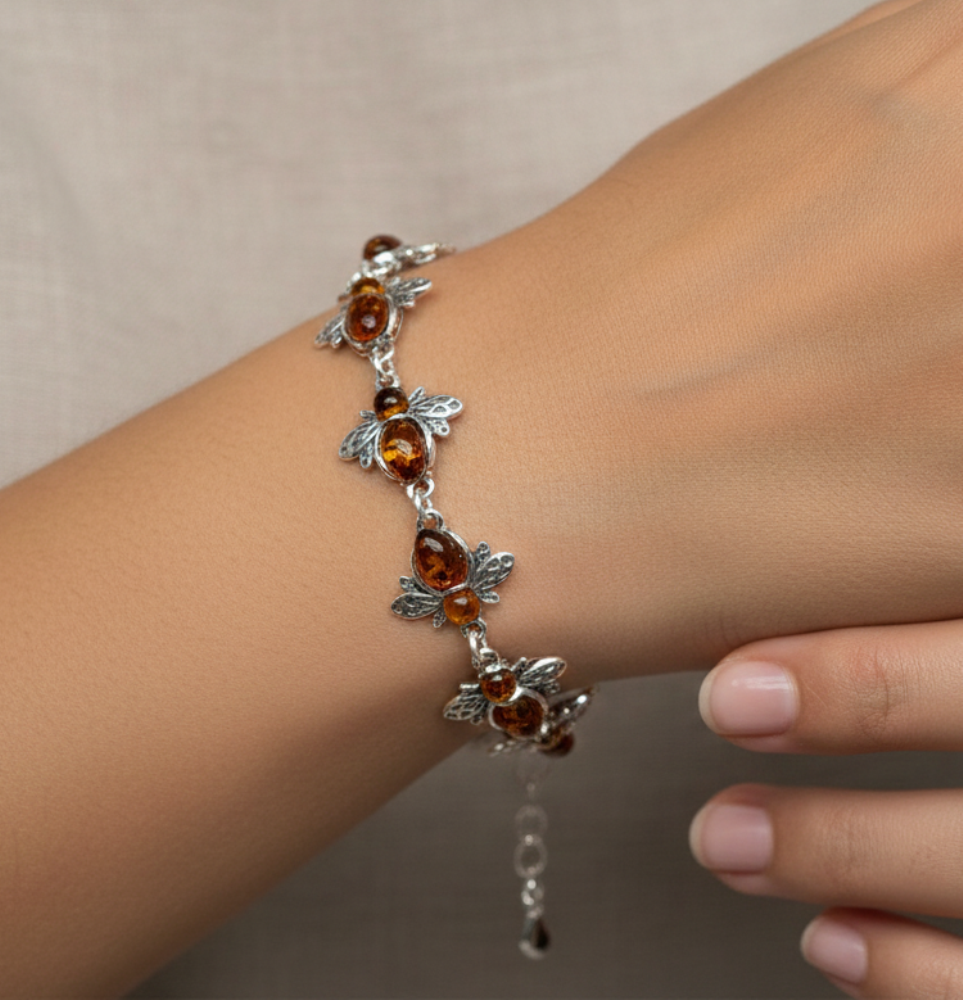 925 Solid Sterling Natural Baltic Amber Bee Bracelet - 7.5 Inches