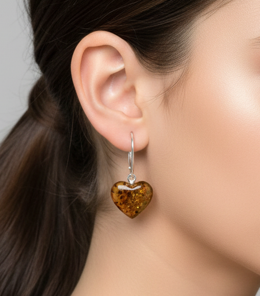 925 Solid Sterling Silver Baltic Amber Heart Shape Hook Earring-1.2 Inches
