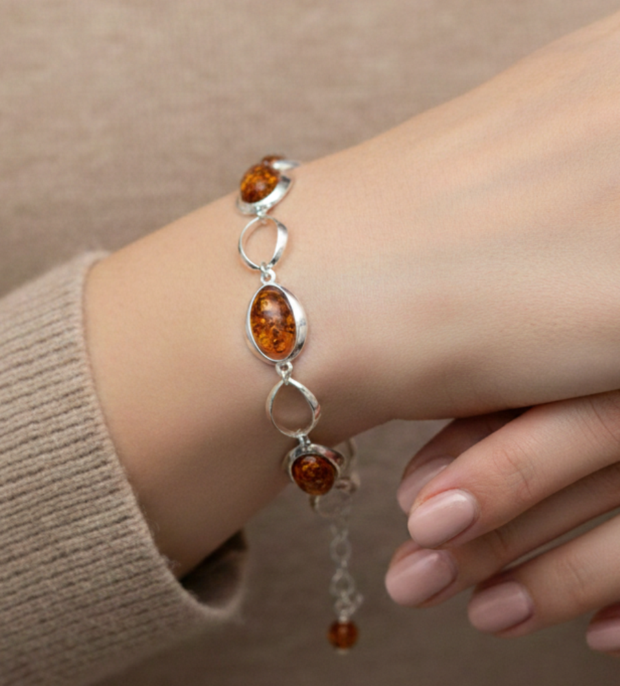 925 Solid Sterling Natural Baltic Amber Bracelet - 8.5 Inches