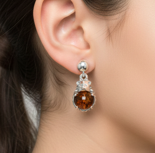 925 Solid Sterling Silver Natural Baltic Amber Stud Earring-0.6 Inches