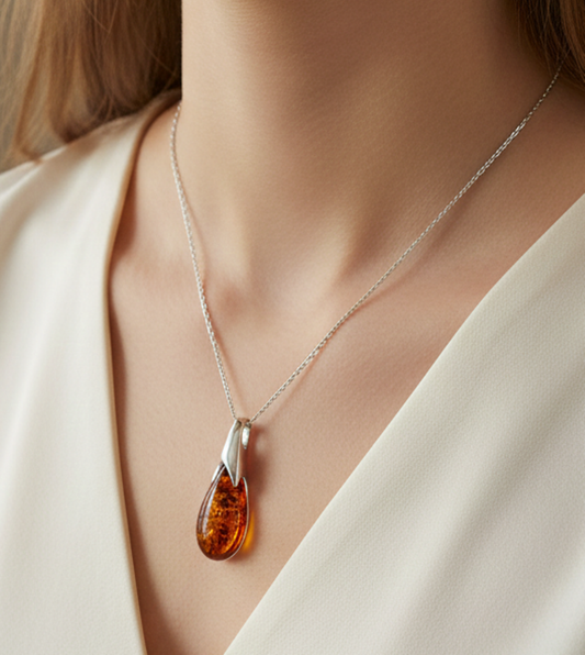 925 Solid Sterling Silver Natural Baltic Amber Chain Pendant-19.2 Inches