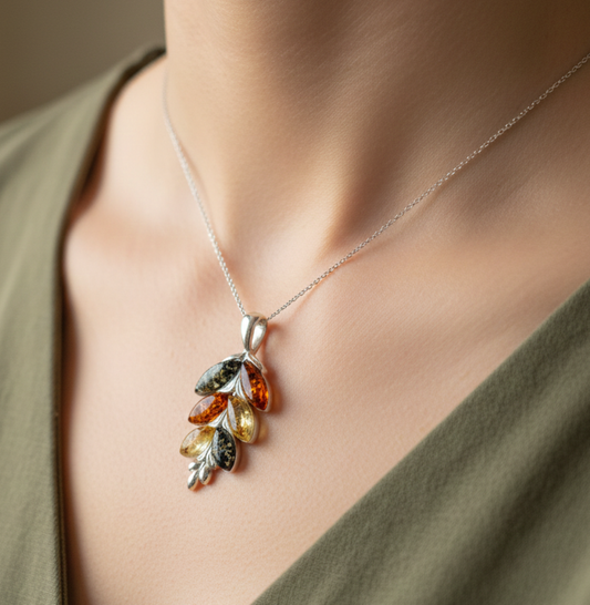 925 Solid Sterling Silver Natural Baltic Amber Leaf Chain Pendant- 20 Inches