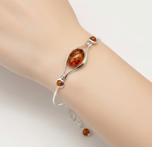 925 Solid Sterling Natural Baltic Amber Bracelet - 6.5 Cm
