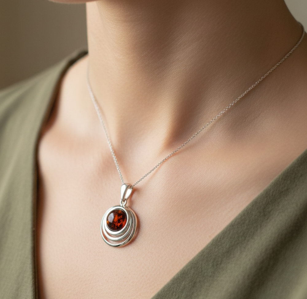 925 Solid Sterling Silver Natural Baltic Amber Chain Pendant- 19.2 Inches