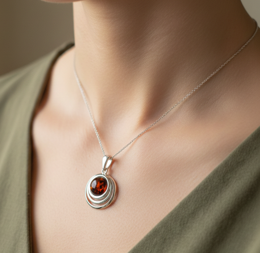 925 Solid Sterling Silver Natural Baltic Amber Chain Pendant- 19.2 Inches