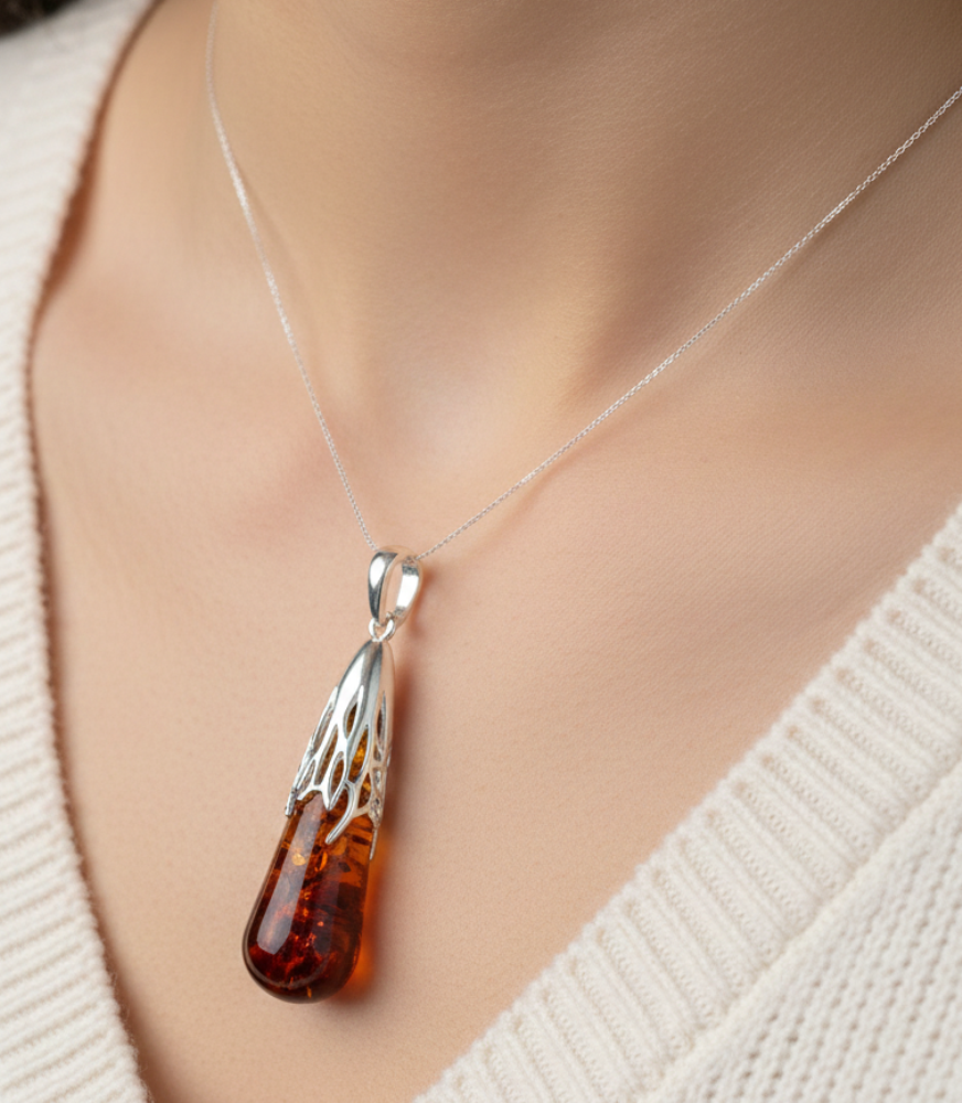 925 Solid Sterling Silver Natural Baltic Amber Chain Pendant-19.8 Inches