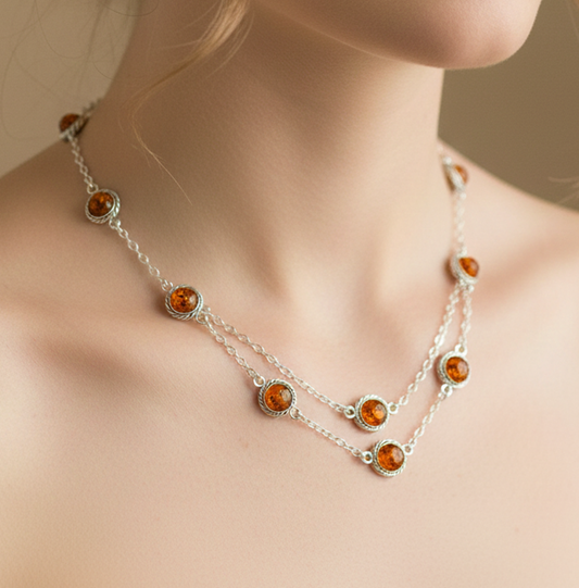 925 Solid Sterling Silver Natural Baltic Amber Necklace - 28 Inches
