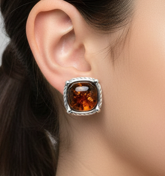 925 Solid Sterling Silver Natural Baltic Amber Square Shape Stud Earring