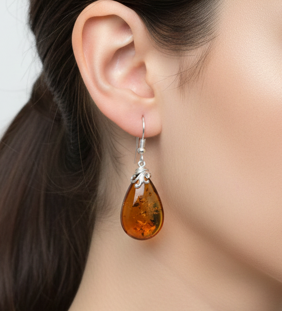 925 Solid Sterling Silver Natural Baltic Amber Hook Earring-1.7 Inches