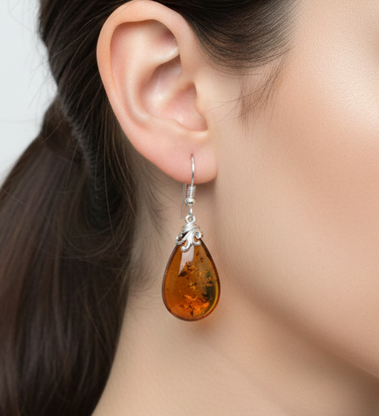 925 Solid Sterling Silver Natural Baltic Amber Hook Earring-1.7 Inches