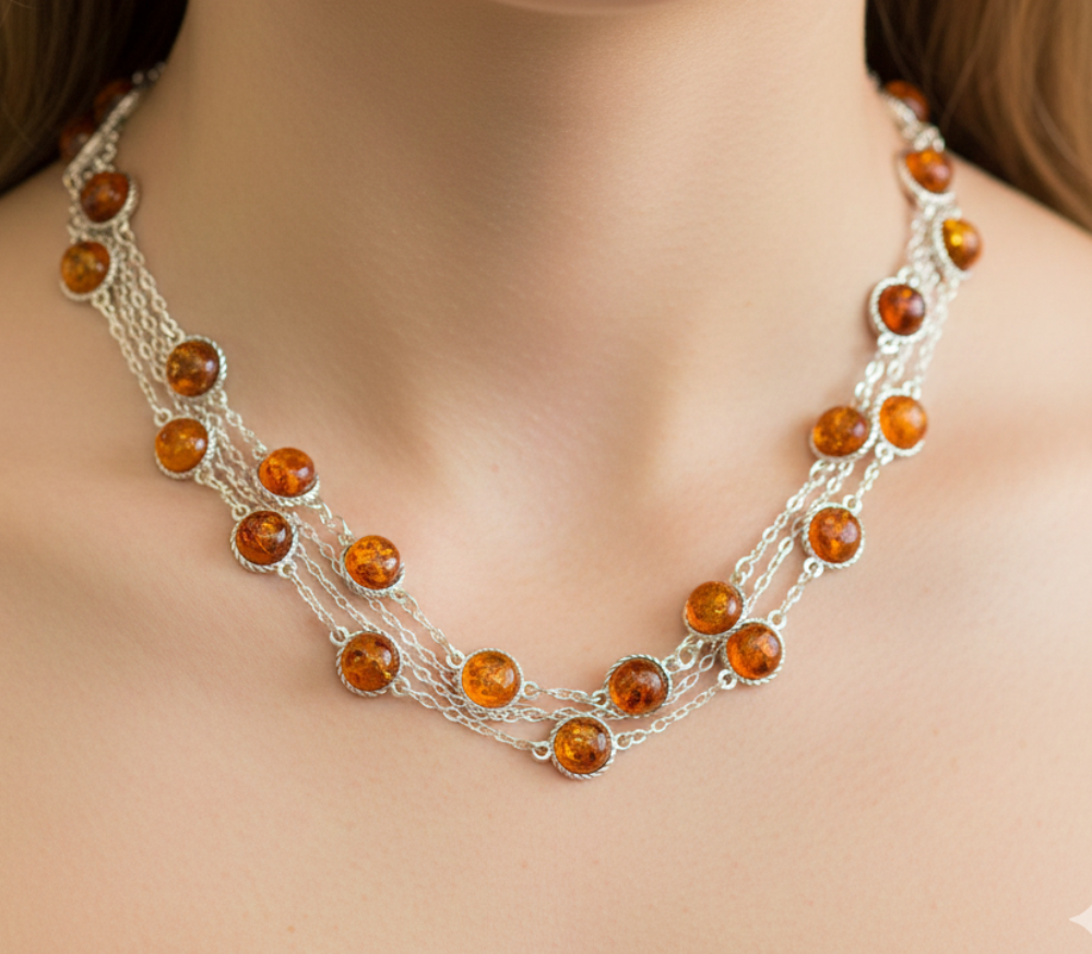 925 Solid Sterling Silver Natural Baltic Amber Necklace - 43 Inches