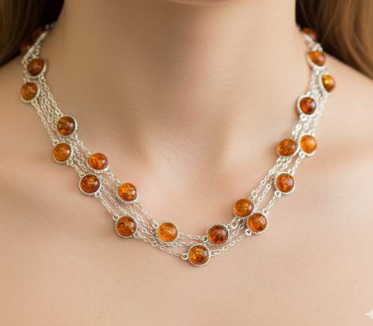 925 Solid Sterling Silver Natural Baltic Amber Necklace - 43 Inches