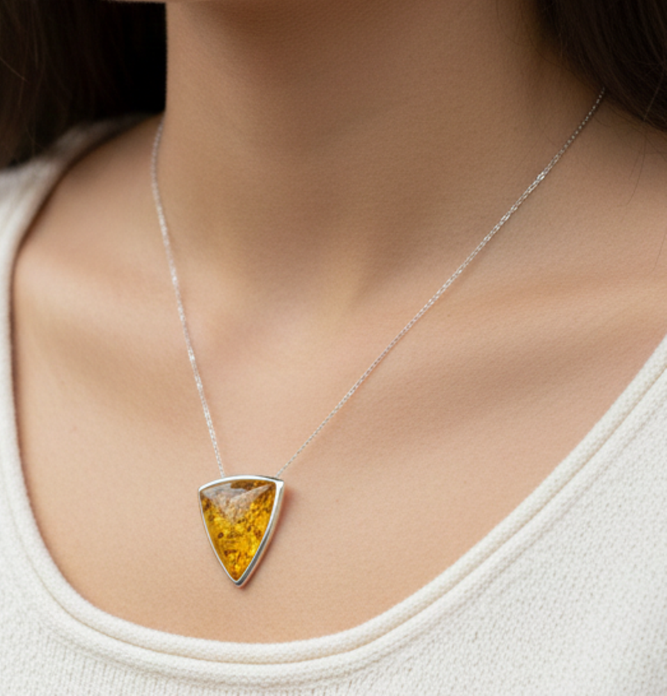 925 Solid Sterling Silver Natural Baltic Amber Chain Pendant-19.3 Inches