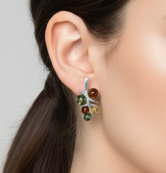 925 Solid Sterling Silver Natural Multi Baltic Amber Stud Earring-0.7 Inches