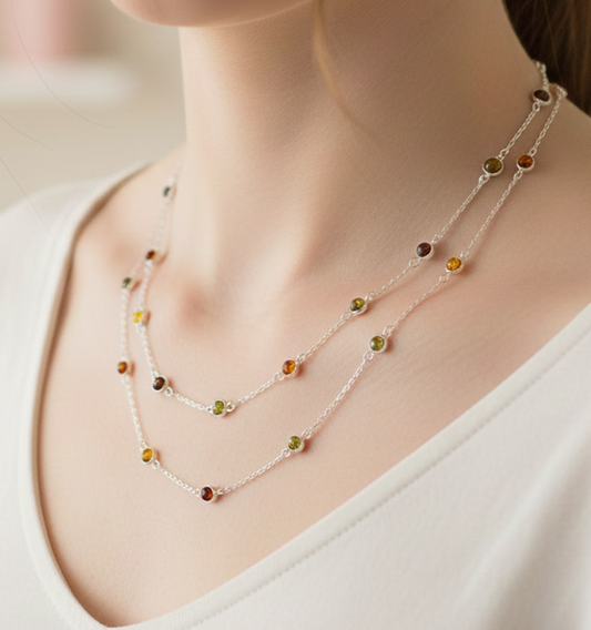 925 Solid Sterling Silver Natural Multi Baltic Amber Necklace - 47 Inches