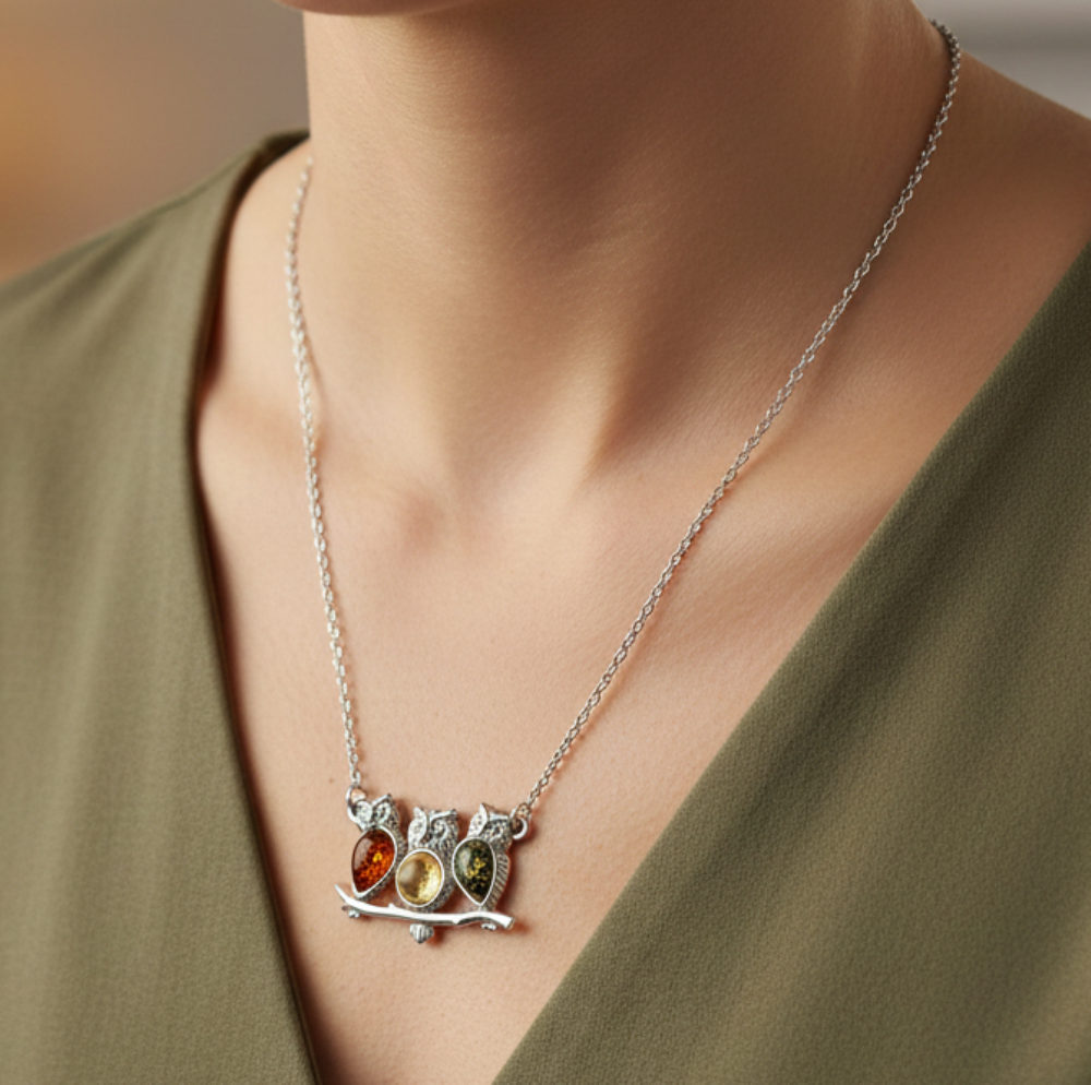925 Solid Sterling Silver Natural Multi Baltic Amber Owl Chain Pendant