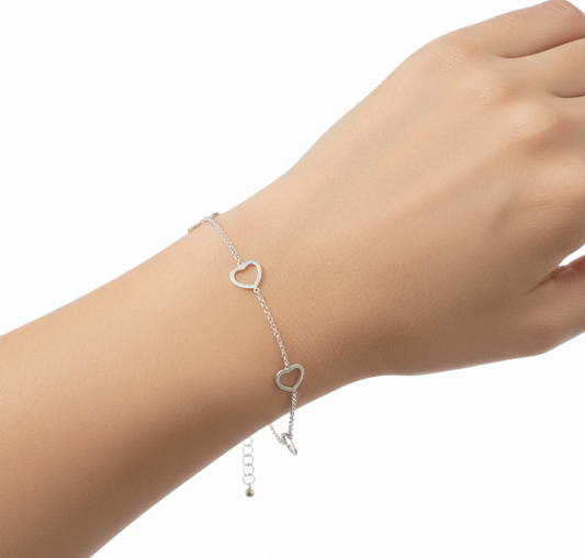 925 Solid Sterling Plain Heart Style Bracelet - 8.5 Inches