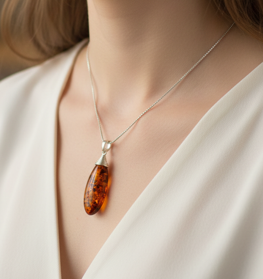 925 Solid Sterling Silver Natural Baltic Amber Chain Pendant-19.8 Inches