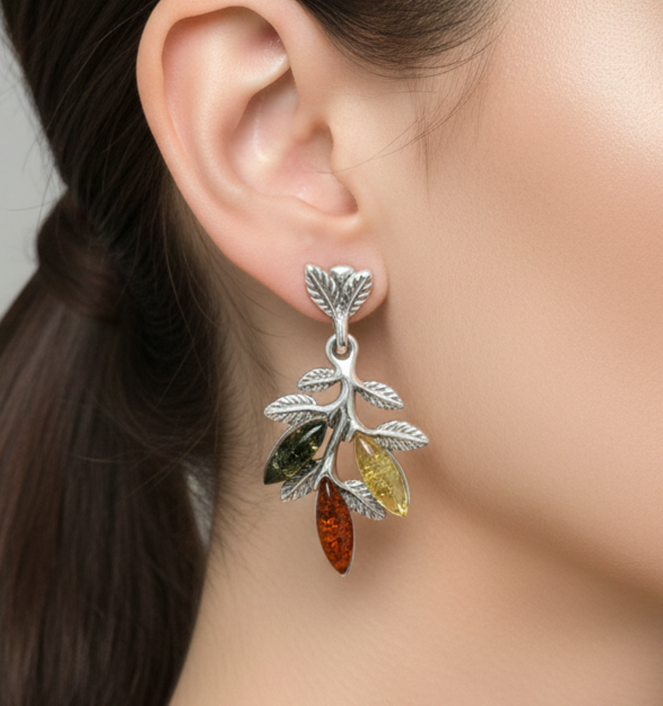 925 Solid Sterling Silver Multi Baltic Amber Leaf Style Stud Earring