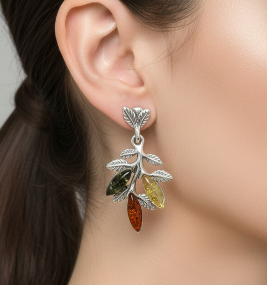 925 Solid Sterling Silver Multi Baltic Amber Leaf Style Stud Earring