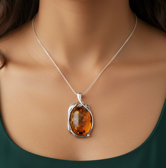 925 Solid Sterling Silver Natural Baltic Amber Chain Pendant-19.8 Inches