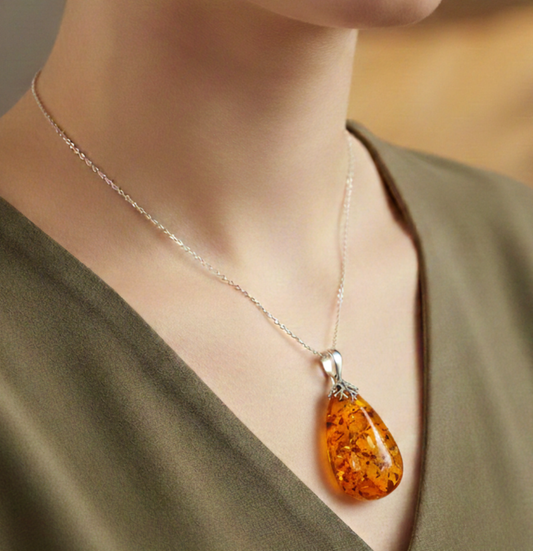 925 Solid Sterling Silver Natural Baltic Amber Chain Pendant- 26 Inches