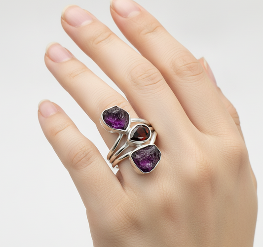 925 Sterling Silver Natural Mix Rough Gemstone Designer Adjustable 3 Stone Ring
