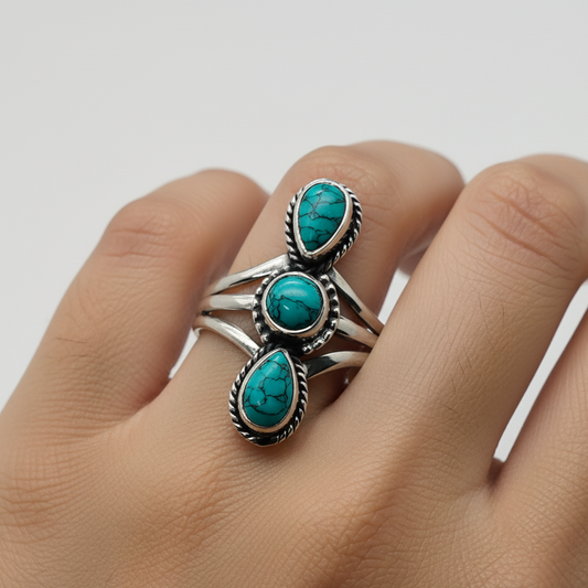 925 Solid Sterling Silver Natural Gemstone 3 Stone Ring