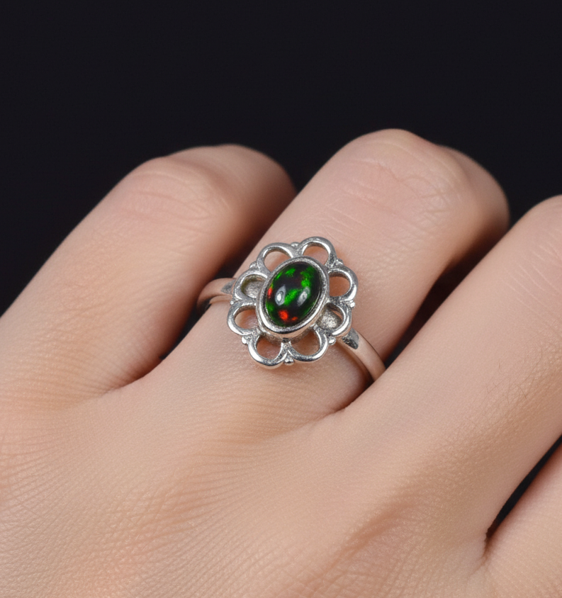 925 Solid Sterling Silver Natural Black Ethiopian Opal Flower Style Ring - 1.5 Grams