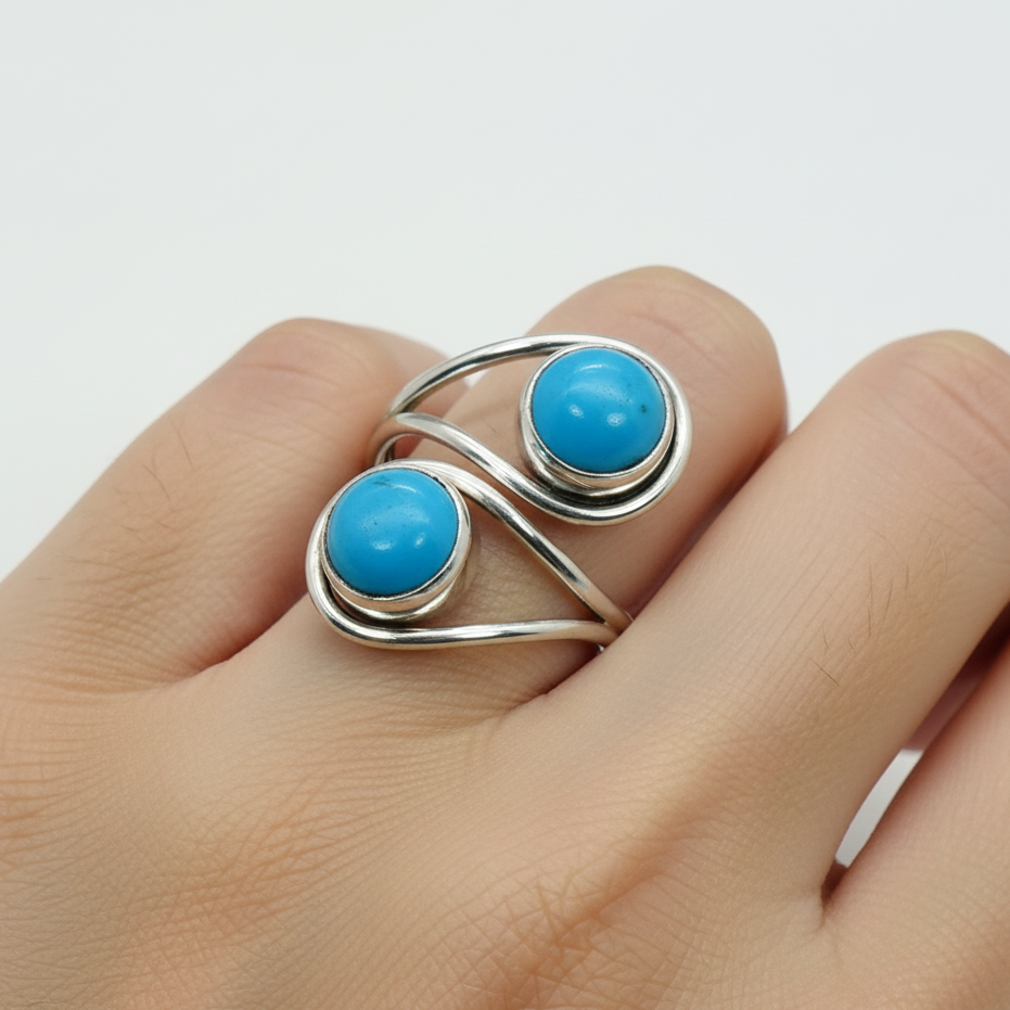 925 Solid Sterling Silver Natural Gemstone Designer 2 Stone Ring - 4.5 Grams