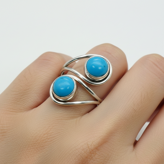 925 Solid Sterling Silver Natural Gemstone Designer 2 Stone Ring - 4.5 Grams