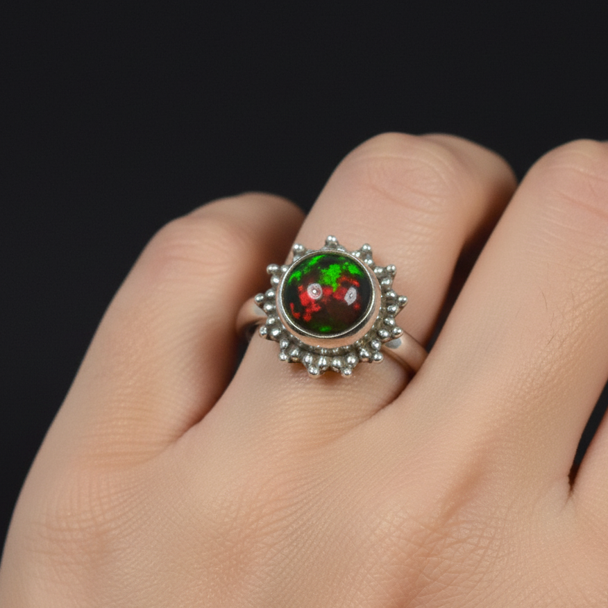 925 Solid Sterling Silver Natural Black Ethiopian Opal Flower Style Ring - 2.4 Grams