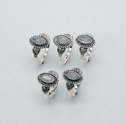 Wholesale 925 5PC Solid Sterling Silver Cut White Rainbow Moonstone Ring Lot